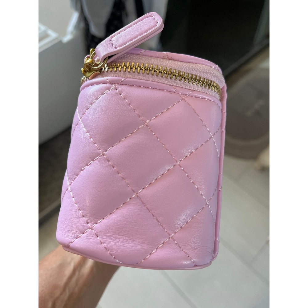 Pink Quilted Mini Vanity Case Crossbody Bag Gold Chain Flower Charm Boho Chic - Picture 4 of 12